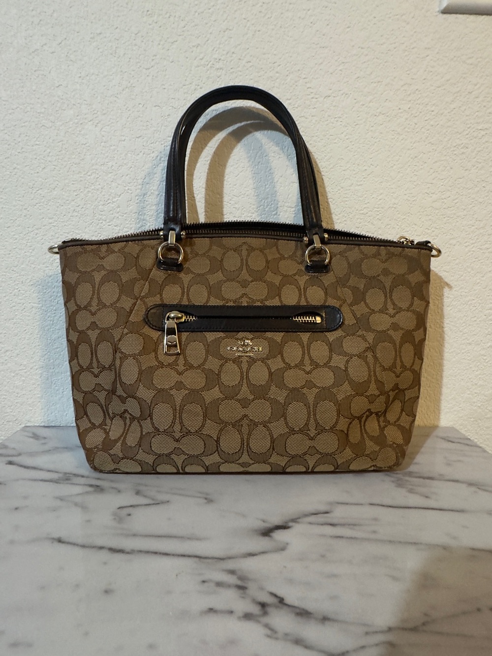 Coach Kelsey Bag Brown Signature Canvas Tote with Dark Brown Trim